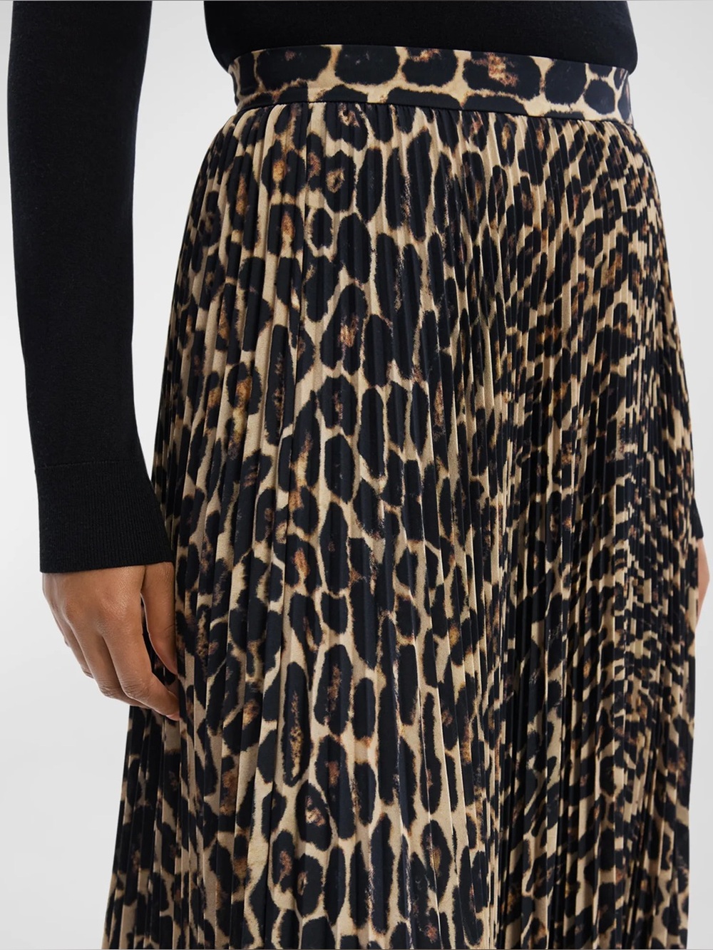 Halogen Leopard Print Pleated Midi Skirt - Black & Tan